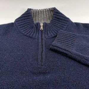 Lands End Men's Quarter Zip Mock Neck Sweater Navy Gray Size‎ L 42-44 Wool Blend